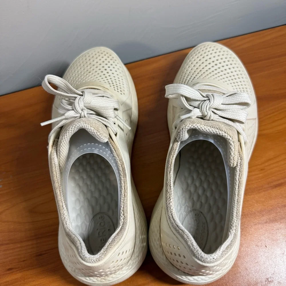Crocs LiteRide‎ Pacer Perforated Sneakers 205234 Lightweight Lace Up Off White 9